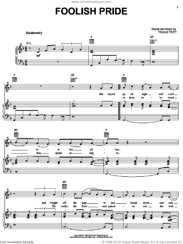 Foolish Pride sheet music for voice, piano or guitar by Travis Tritt, intermediate skill level