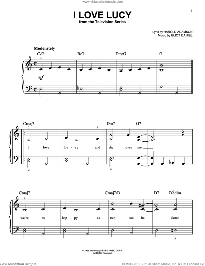 I Love Lucy sheet music for piano solo by Eliot Daniel and Harold Adamson, easy skill level