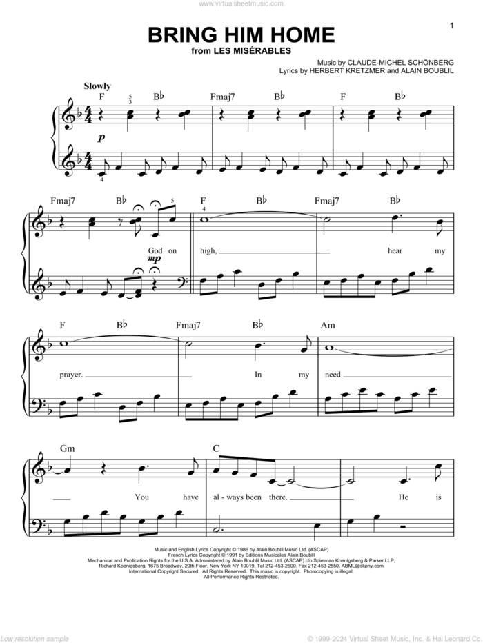 Bring Him Home (from Les Miserables) sheet music for piano solo by Boublil and Schonberg, Alain Boublil, Claude-Michel Schonberg and Herbert Kretzmer, beginner skill level
