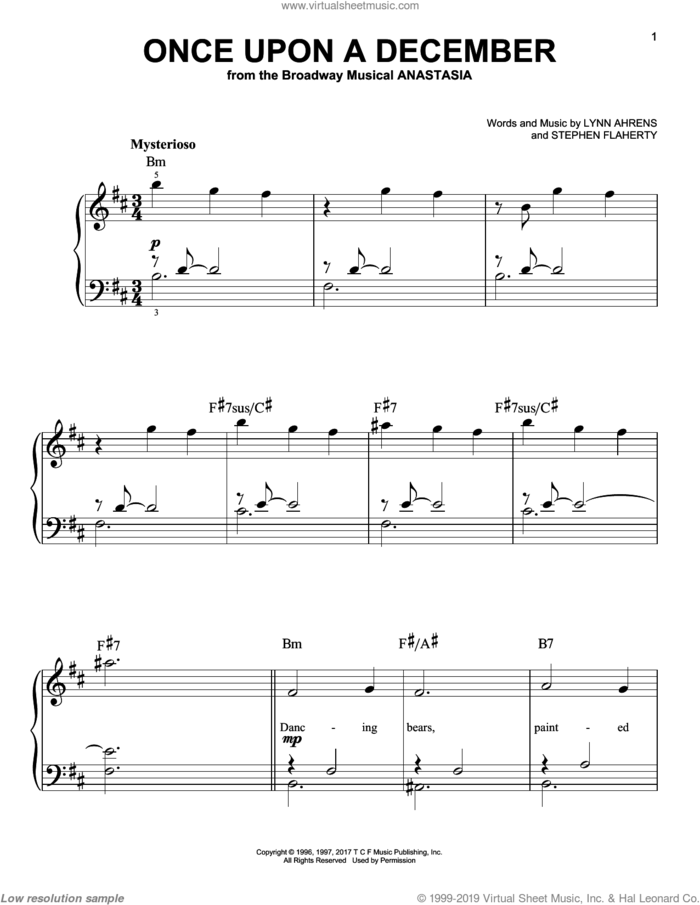 Once Upon A December (from Anastasia) sheet music for piano solo by Stephen Flaherty and Lynn Ahrens, beginner skill level