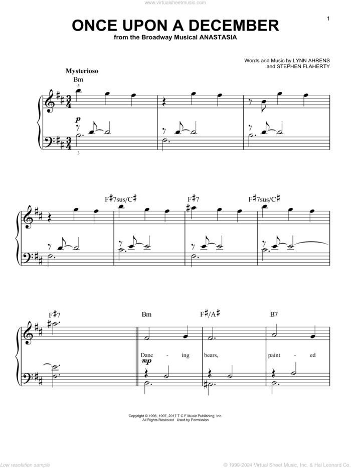 Once Upon A December (from Anastasia) sheet music for piano solo by Stephen Flaherty and Lynn Ahrens, beginner skill level