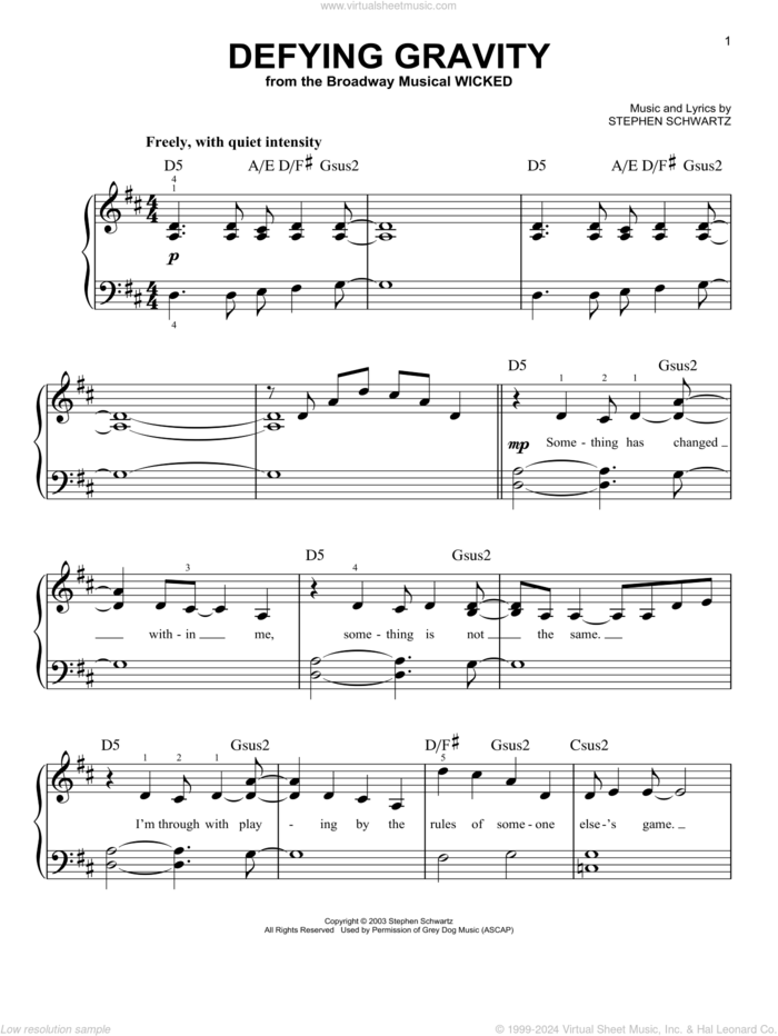 Defying Gravity (from Wicked) sheet music for piano solo by Stephen Schwartz, beginner skill level