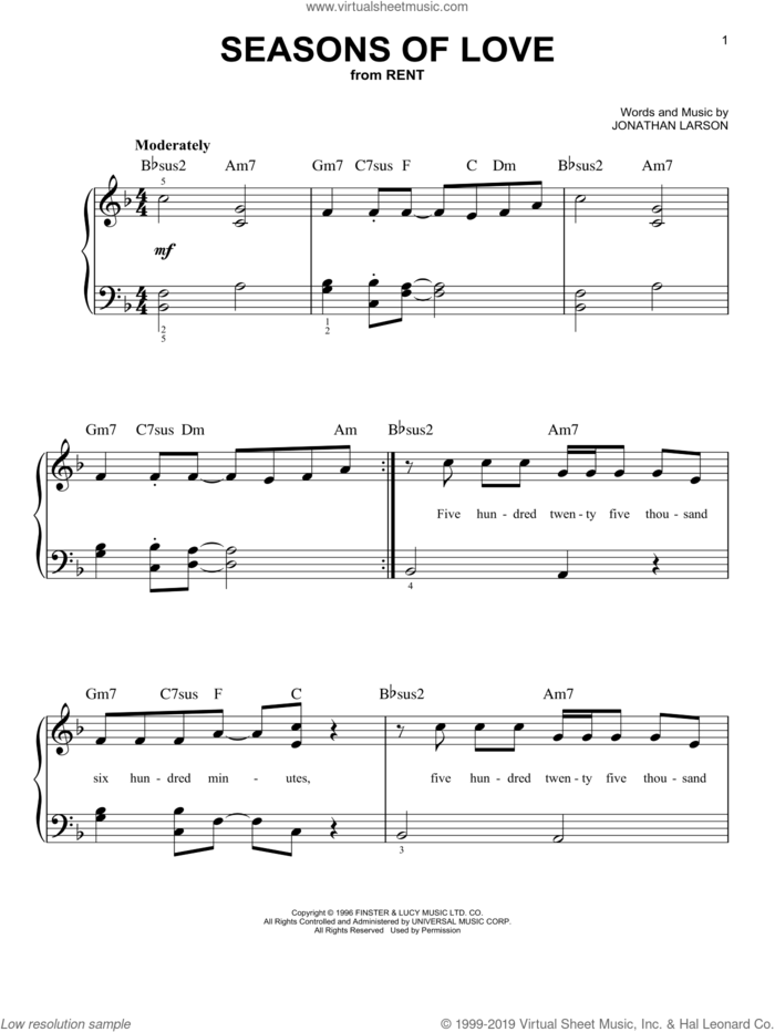 Seasons Of Love (from Rent), (beginner) sheet music for piano solo by Jonathan Larson, beginner skill level