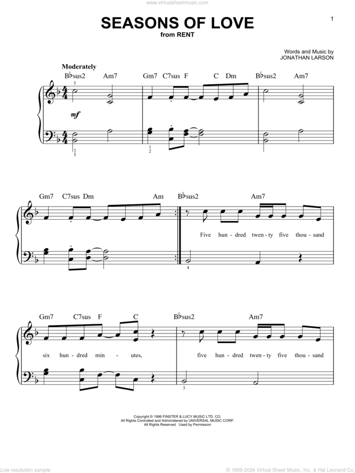 Seasons Of Love (from Rent), (beginner) sheet music for piano solo by Jonathan Larson, beginner skill level