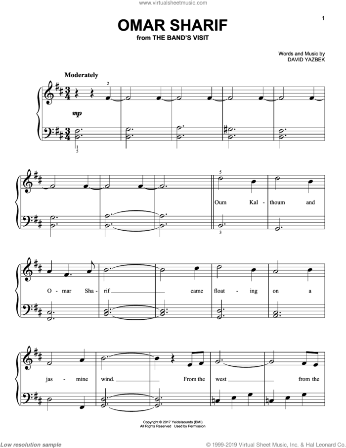 Omar Sharif (from The Band's Visit) sheet music for piano solo by David Yazbek, beginner skill level