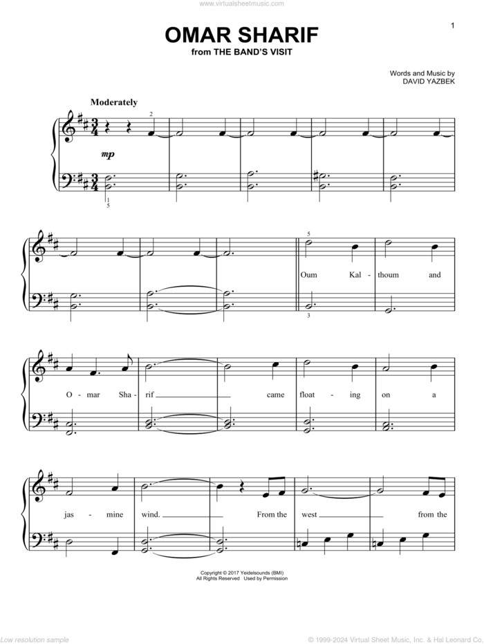 Omar Sharif (from The Band's Visit) sheet music for piano solo by David Yazbek, beginner skill level