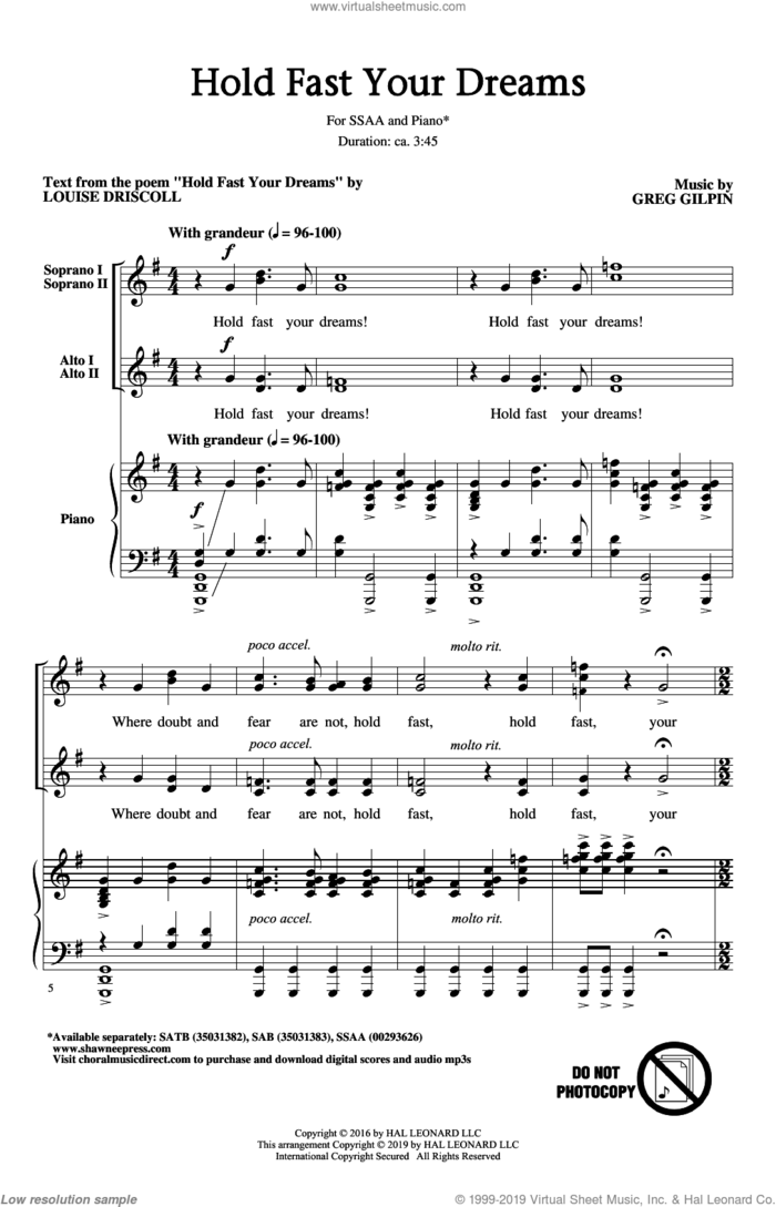 Hold Fast Your Dreams! sheet music for choir (SSA: soprano, alto) by Greg Gilpin, Louise Driscoll and Louise Driscoll and Greg Gilpin, intermediate skill level