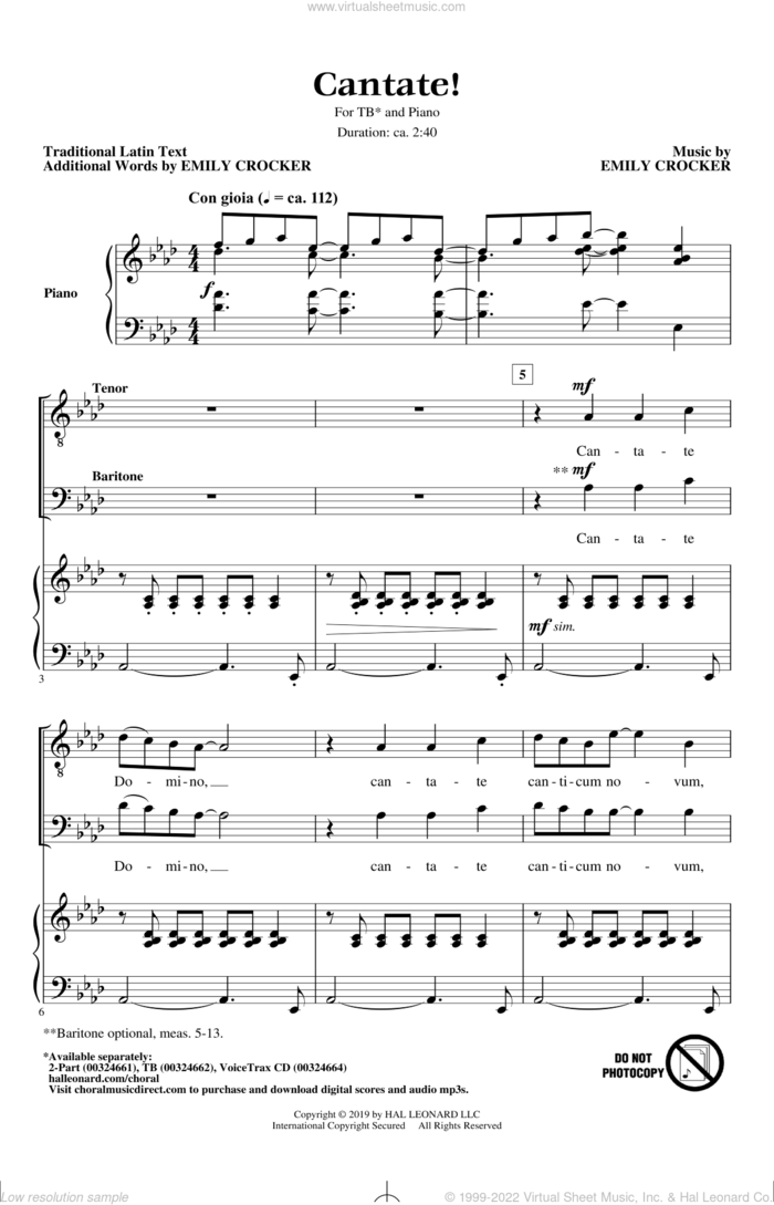 Cantate! sheet music for choir (TB: tenor, bass) by Emily Crocker and Miscellaneous, intermediate skill level