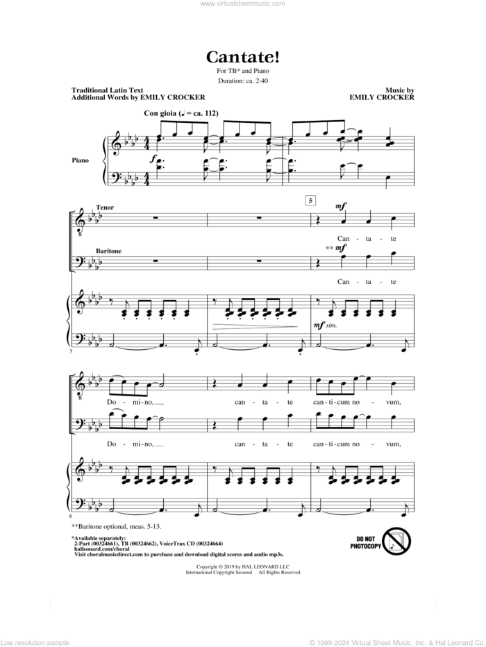 Cantate! sheet music for choir (TB: tenor, bass) by Emily Crocker and Miscellaneous, intermediate skill level