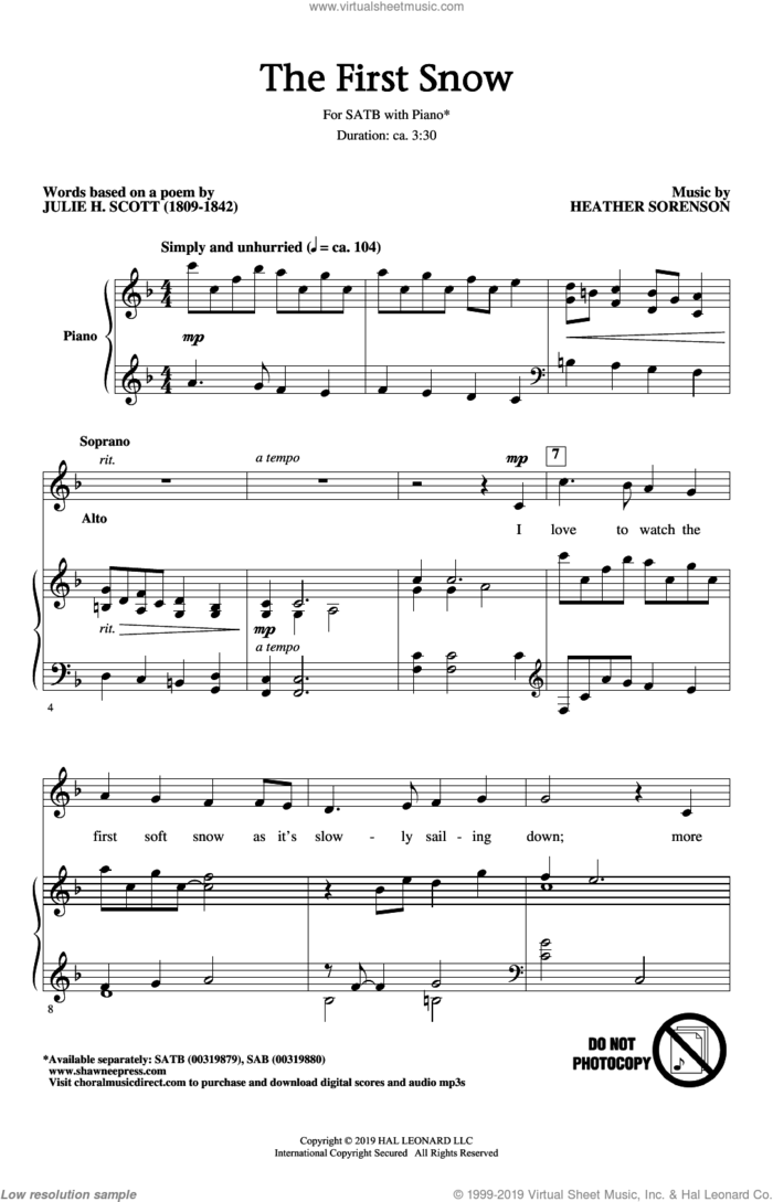 The First Snow sheet music for choir (SATB: soprano, alto, tenor, bass) by Heather Sorenson and Julie H. Scott, intermediate skill level