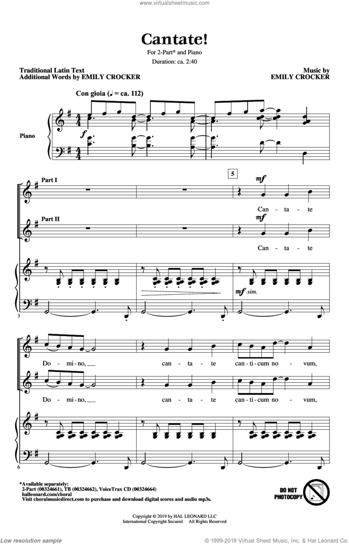 Cantate! sheet music for choir (2-Part) by Emily Crocker and Miscellaneous, intermediate duet