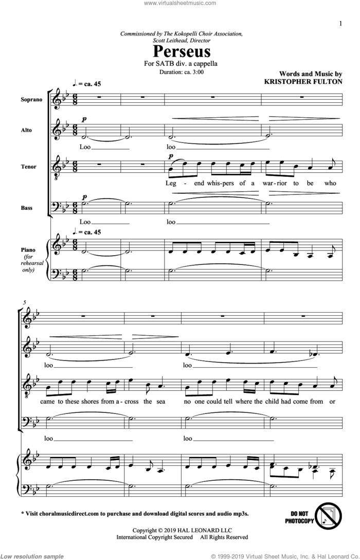 Perseus sheet music for choir (SATB: soprano, alto, tenor, bass) by Kristopher Fulton, intermediate skill level