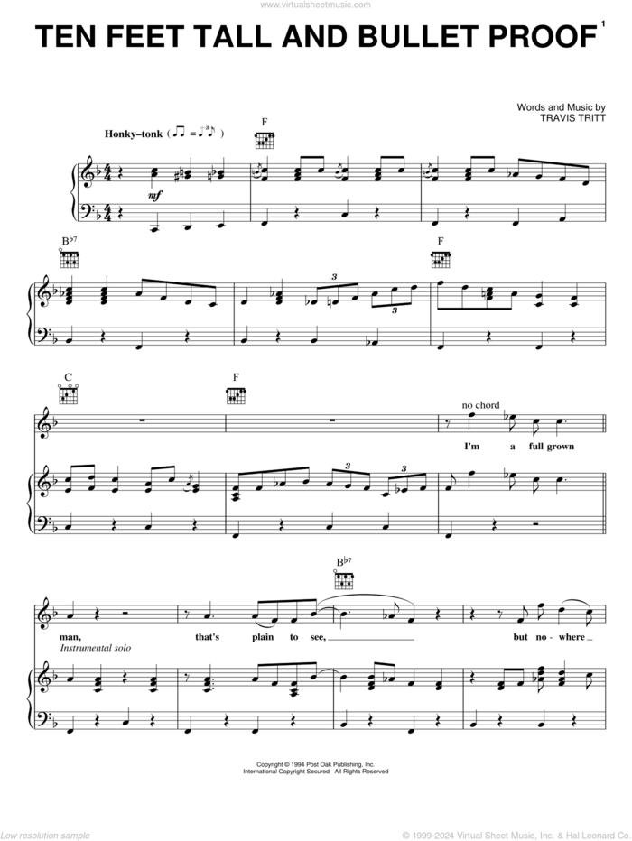 Ten Feet Tall And Bullet Proof sheet music for voice, piano or guitar by Travis Tritt, intermediate skill level