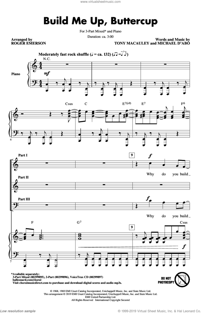 Build Me Up, Buttercup (arr. Roger Emerson) sheet music for choir (3-Part Mixed) by The Foundations, Roger Emerson and Tony MacAuley, intermediate skill level