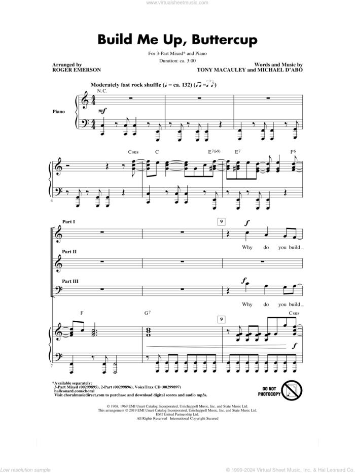 Build Me Up, Buttercup (arr. Roger Emerson) sheet music for choir (3-Part Mixed) by The Foundations, Roger Emerson and Tony MacAuley, intermediate skill level