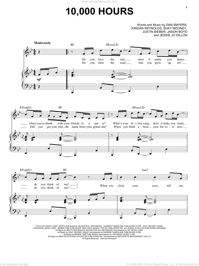 10,000 Hours sheet music for voice and piano by Dan + Shay & Justin Bieber, Dan Smyers, Jason Boyd, Jessie Jo Dillon, Jordan Reynolds, Justin Bieber and Shay Mooney, intermediate skill level