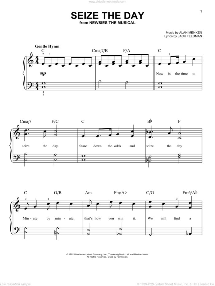 Seize The Day (from Newsies The Musical) sheet music for piano solo by Alan Menken & Jack Feldman, Alan Menken and Jack Feldman, beginner skill level