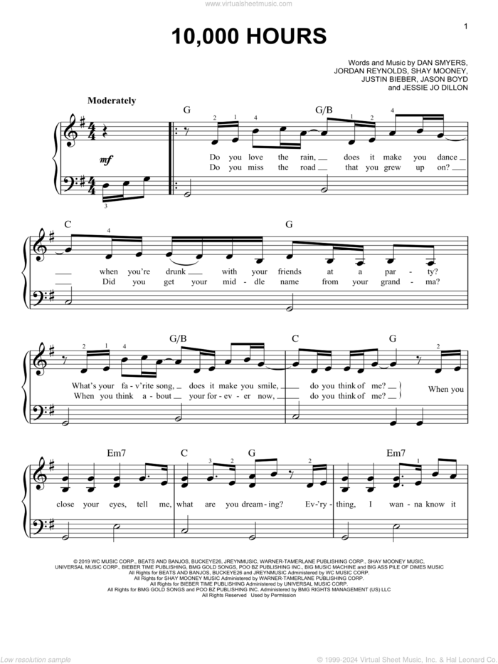 10,000 Hours sheet music for piano solo by Dan + Shay & Justin Bieber, Dan Smyers, Jason Boyd, Jessie Jo Dillon, Jordan Reynolds, Justin Bieber and Shay Mooney, easy skill level