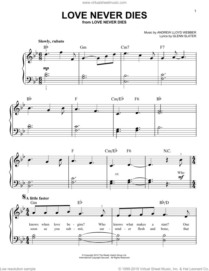 Love Never Dies (from Love Never Dies) sheet music for piano solo by Andrew Lloyd Webber and Glenn Slater, beginner skill level