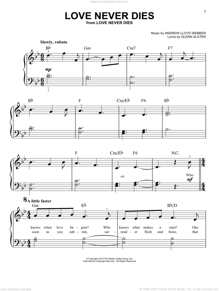 Love Never Dies (from Love Never Dies) sheet music for piano solo by Andrew Lloyd Webber and Glenn Slater, beginner skill level