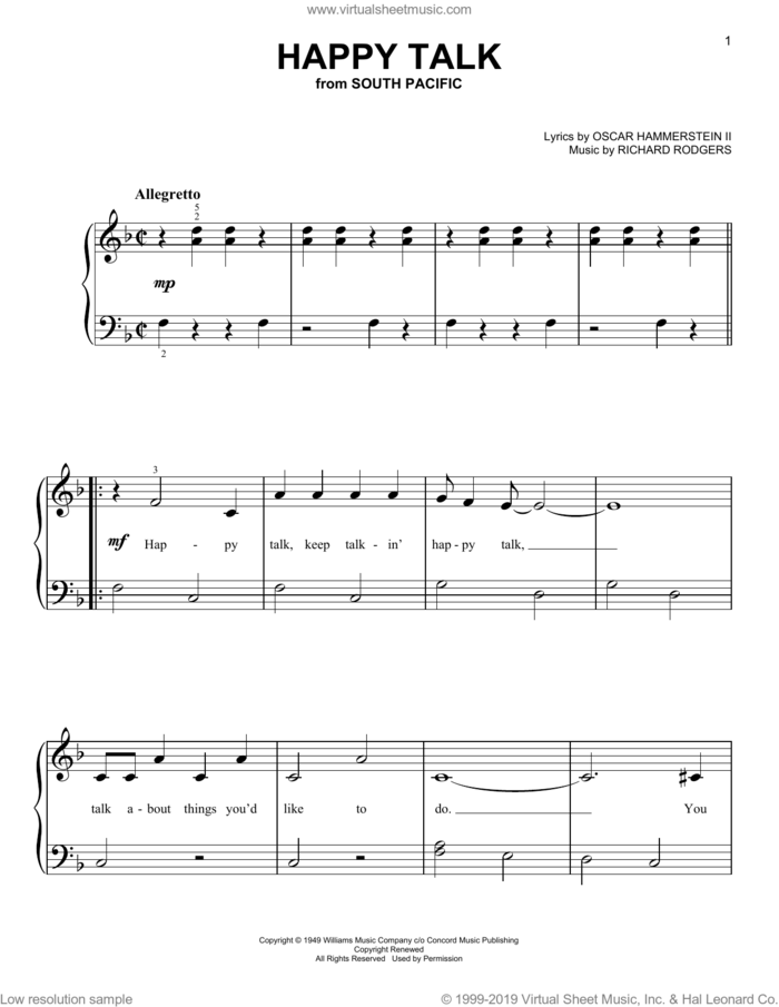 Happy Talk (from South Pacific) sheet music for piano solo by Richard Rodgers, Oscar II Hammerstein and Rodgers & Hammerstein, beginner skill level