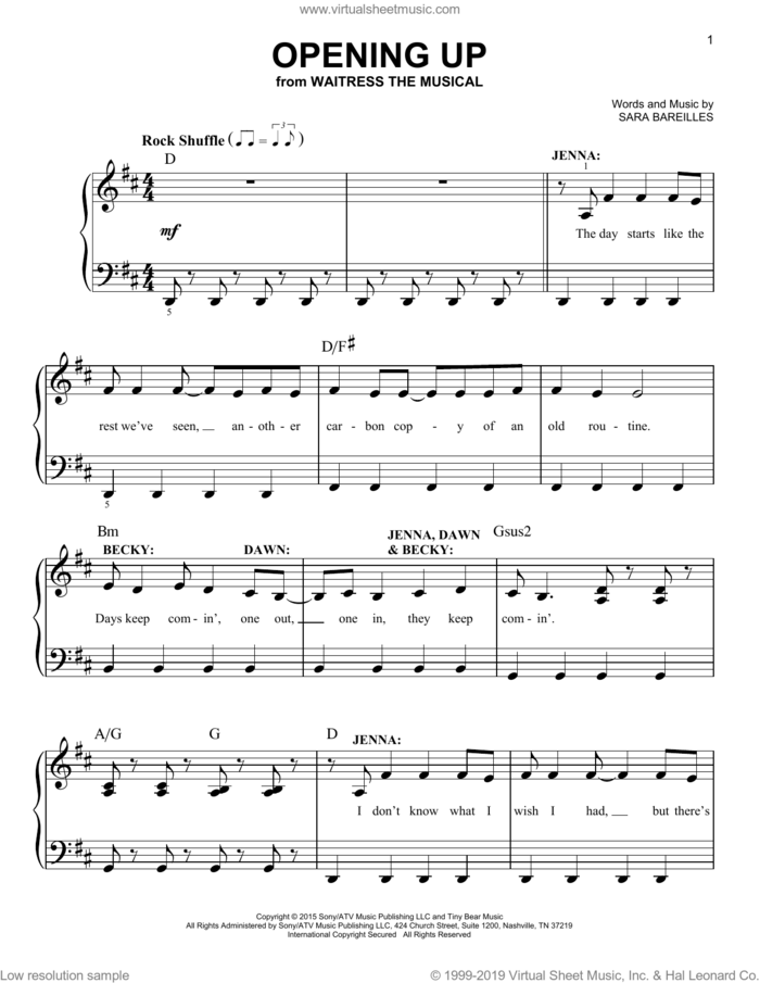Opening Up (from Waitress The Musical), (beginner) sheet music for piano solo by Sara Bareilles, beginner skill level