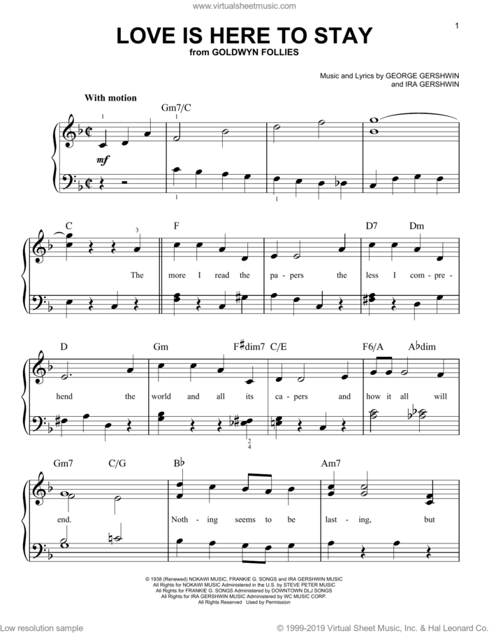 Love Is Here To Stay (from Goldwyn Follies) sheet music for piano solo by George Gershwin and Ira Gershwin, beginner skill level