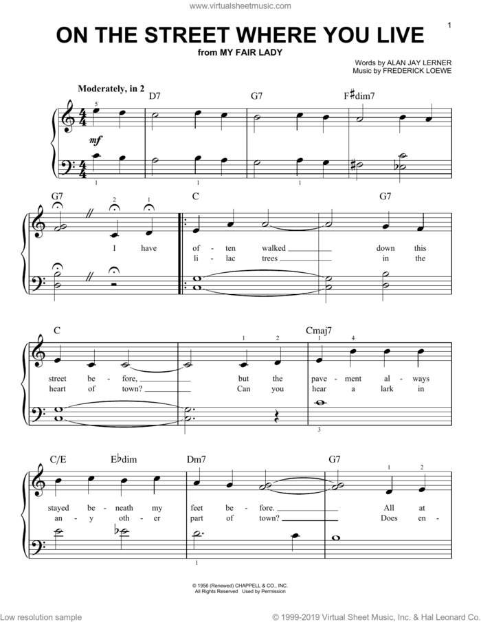 On The Street Where You Live (from My Fair Lady) sheet music for piano solo by Alan Jay Lerner, Frederick Loewe and Lerner & Loewe, beginner skill level