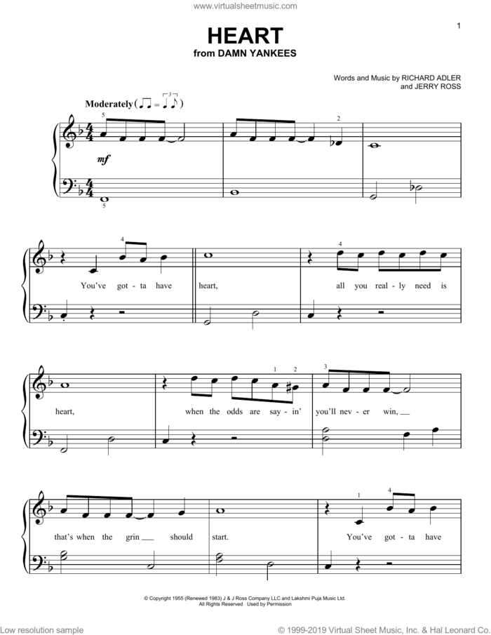 Heart (from Damn Yankees) sheet music for piano solo by Richard Adler and Jerry Ross, beginner skill level