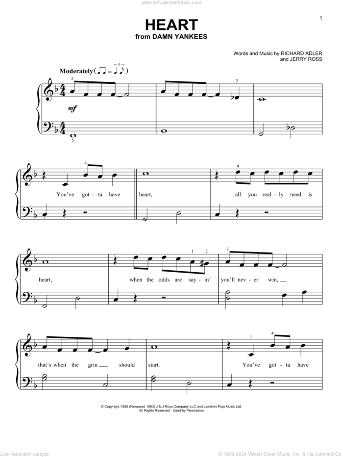 Heart (from Damn Yankees) sheet music for piano solo by Richard Adler and Jerry Ross, beginner skill level