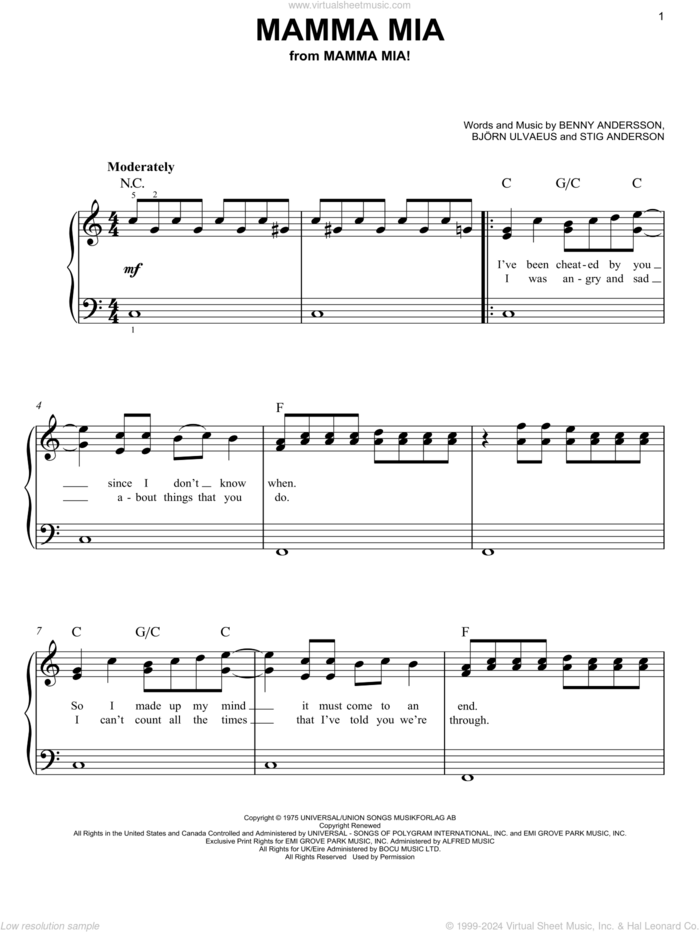 Mamma Mia (from the musical Mamma Mia!) sheet music for piano solo by ABBA, Benny Andersson, Bjorn Ulvaeus and Stig Anderson, beginner skill level