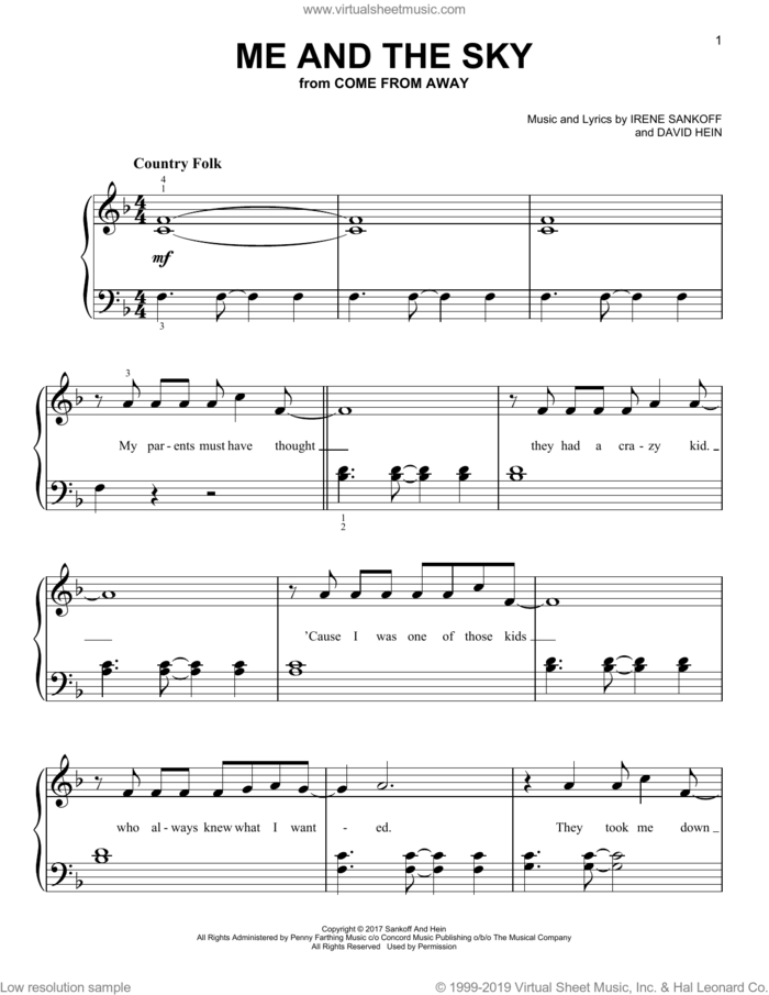 Me And The Sky (from Come From Away) sheet music for piano solo by Irene Sankoff, David Hein and Irene Sankoff & David Hein, beginner skill level