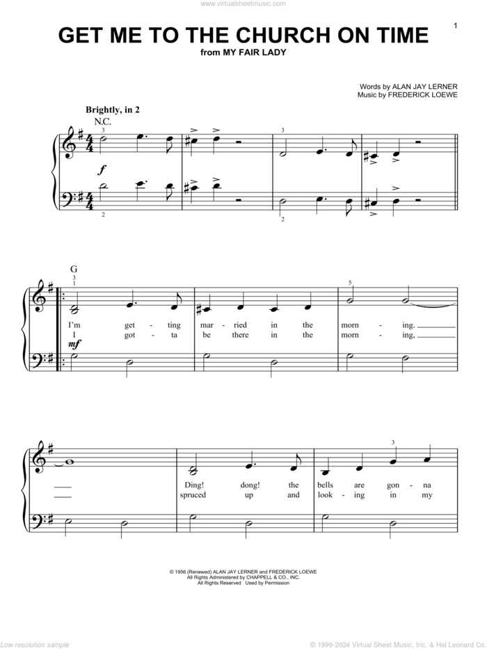 Get Me To The Church On Time (from My Fair Lady) sheet music for piano solo by Alan Jay Lerner, Frederick Loewe and Lerner & Loewe, beginner skill level