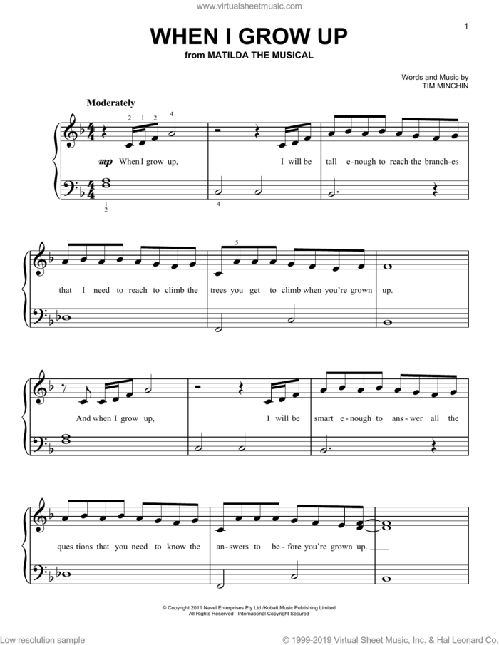 When I Grow Up (from Matilda The Musical) sheet music for piano solo by Tim Minchin, beginner skill level