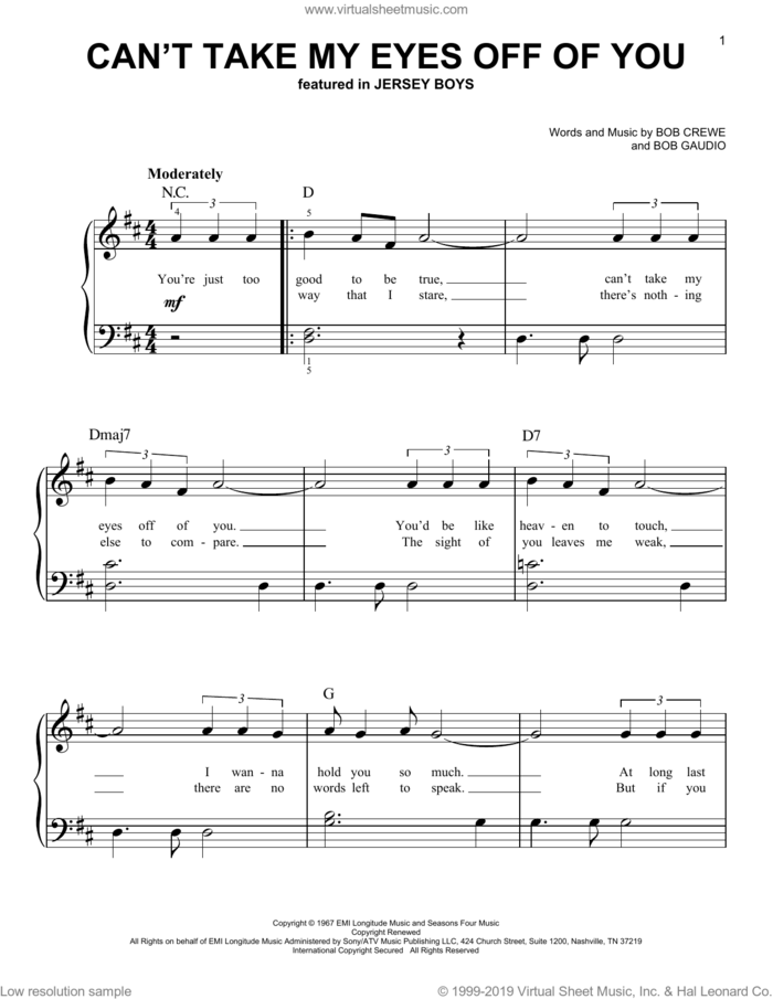 Can't Take My Eyes Off Of You (from Jersey Boys) sheet music for piano solo by Frankie Valli & The Four Seasons, Frankie Valli, The Four Seasons, Bob Crewe and Bob Gaudio, wedding score, beginner skill level