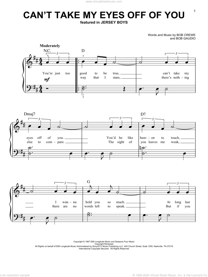 Can't Take My Eyes Off Of You (from Jersey Boys) sheet music for piano solo by Frankie Valli & The Four Seasons, Frankie Valli, The Four Seasons, Bob Crewe and Bob Gaudio, wedding score, beginner skill level