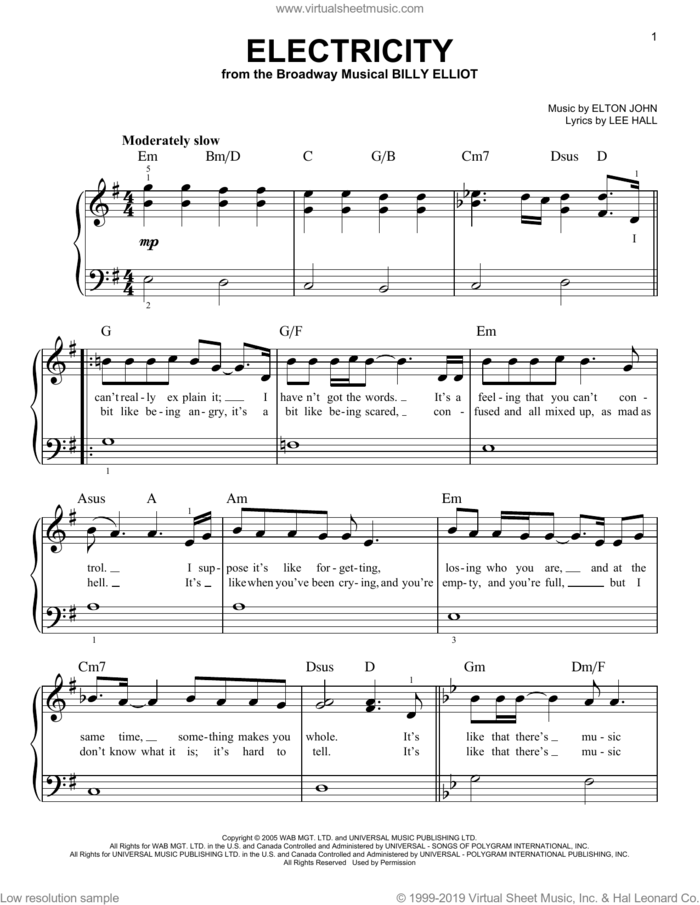 Electricity (from the musical Billy Elliot) sheet music for piano solo by Elton John and Lee Hall, beginner skill level