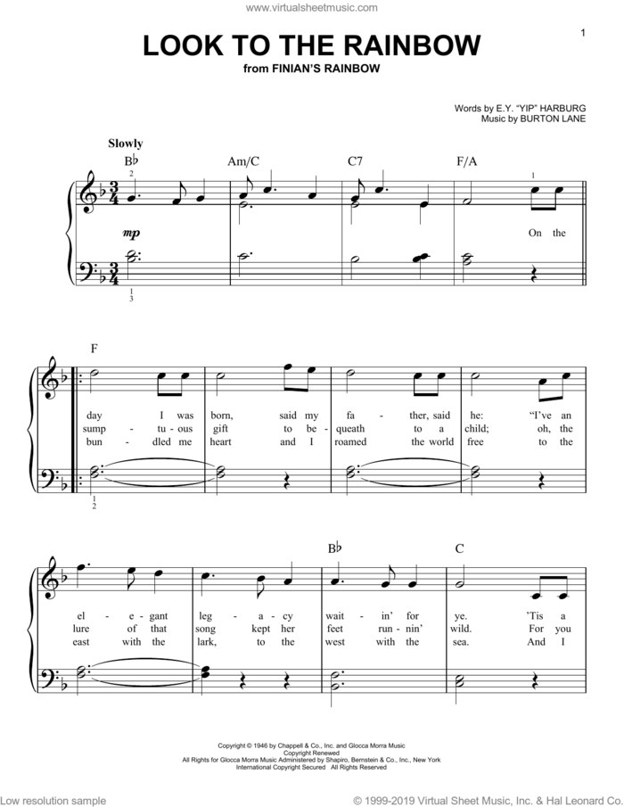 Look To The Rainbow (from Finian's Rainbow) sheet music for piano solo by E.Y. Harburg and Burton Lane, beginner skill level