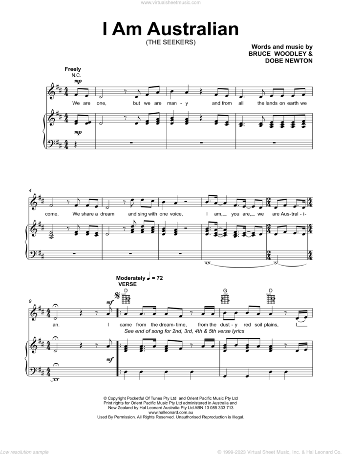 I Am Australian sheet music for voice, piano or guitar by The Seekers, Bruce Woodley and Dobe Newton, intermediate skill level