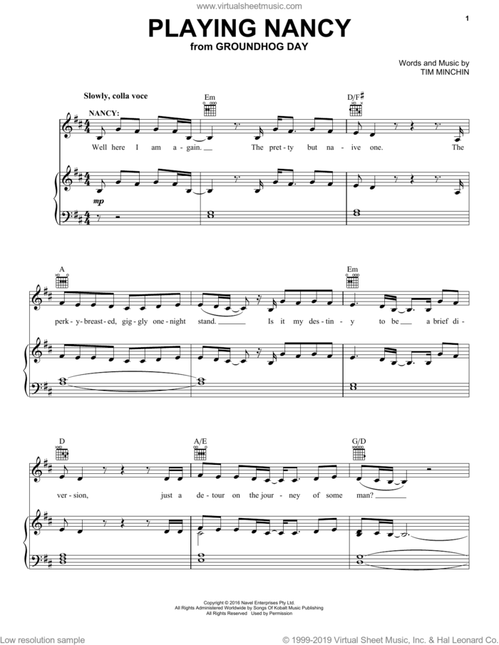 Playing Nancy (from Groundhog Day The Musical) sheet music for voice, piano or guitar by Tim Minchin, intermediate skill level