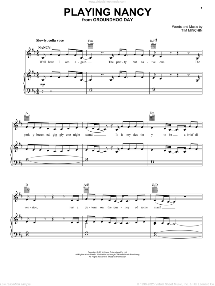 Playing Nancy (from Groundhog Day The Musical) sheet music for voice, piano or guitar by Tim Minchin, intermediate skill level