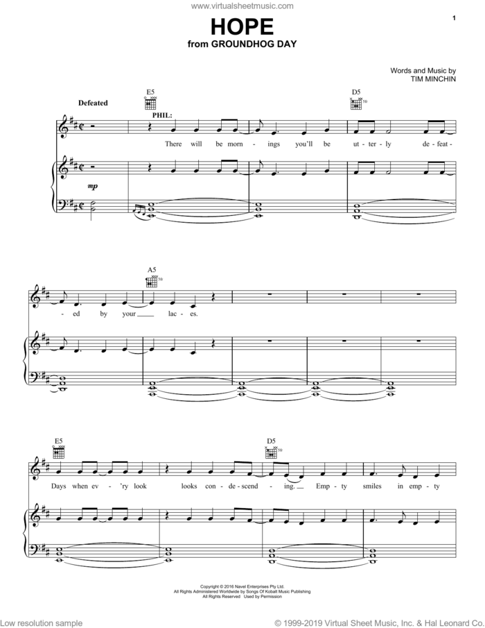 Hope (from Groundhog Day The Musical) sheet music for voice, piano or guitar by Tim Minchin, intermediate skill level