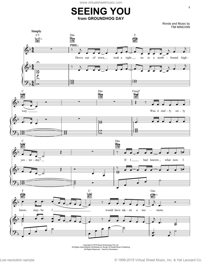 Seeing You (from Groundhog Day The Musical) sheet music for voice, piano or guitar by Tim Minchin, intermediate skill level