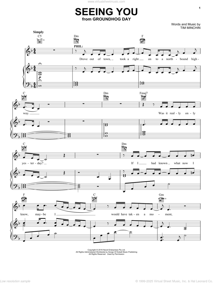 Seeing You (from Groundhog Day The Musical) sheet music for voice, piano or guitar by Tim Minchin, intermediate skill level