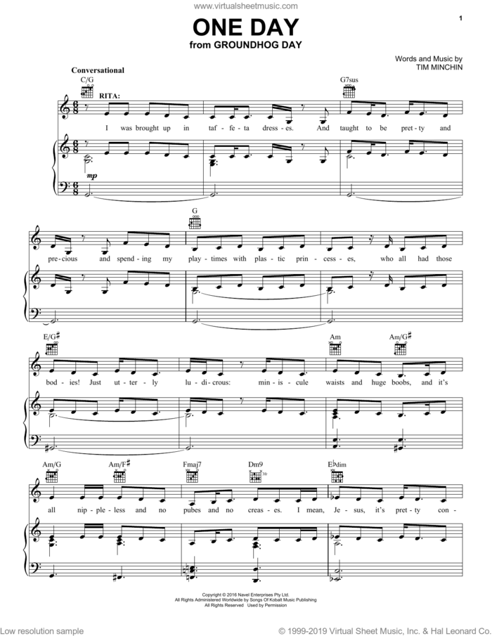 One Day (from Groundhog Day The Musical) sheet music for voice, piano or guitar by Tim Minchin, intermediate skill level