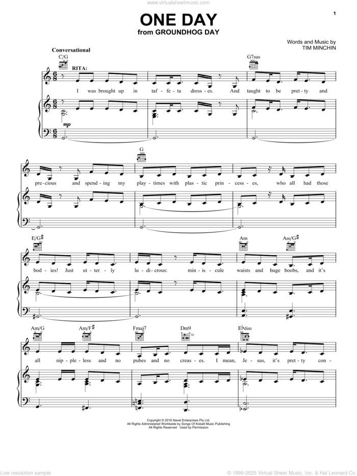 One Day (from Groundhog Day The Musical) sheet music for voice, piano or guitar by Tim Minchin, intermediate skill level