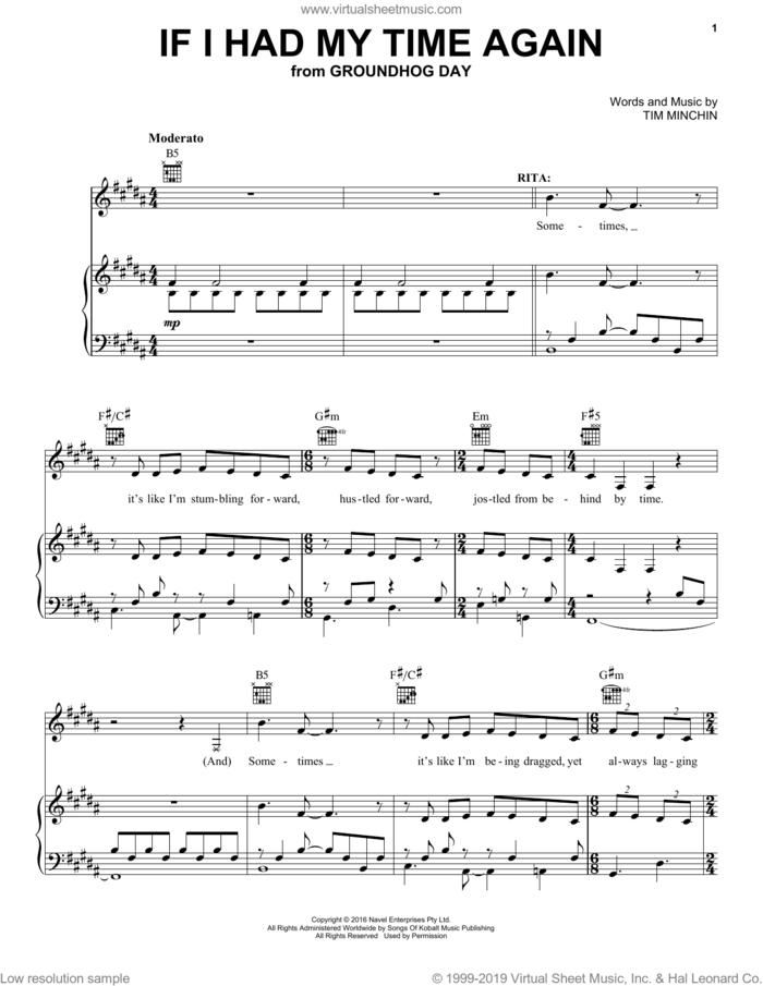 If I Had My Time Again (from Groundhog Day The Musical) sheet music for voice, piano or guitar by Tim Minchin, intermediate skill level