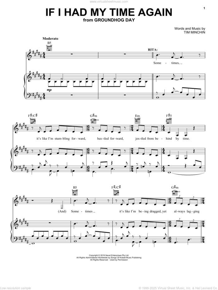 If I Had My Time Again (from Groundhog Day The Musical) sheet music for voice, piano or guitar by Tim Minchin, intermediate skill level