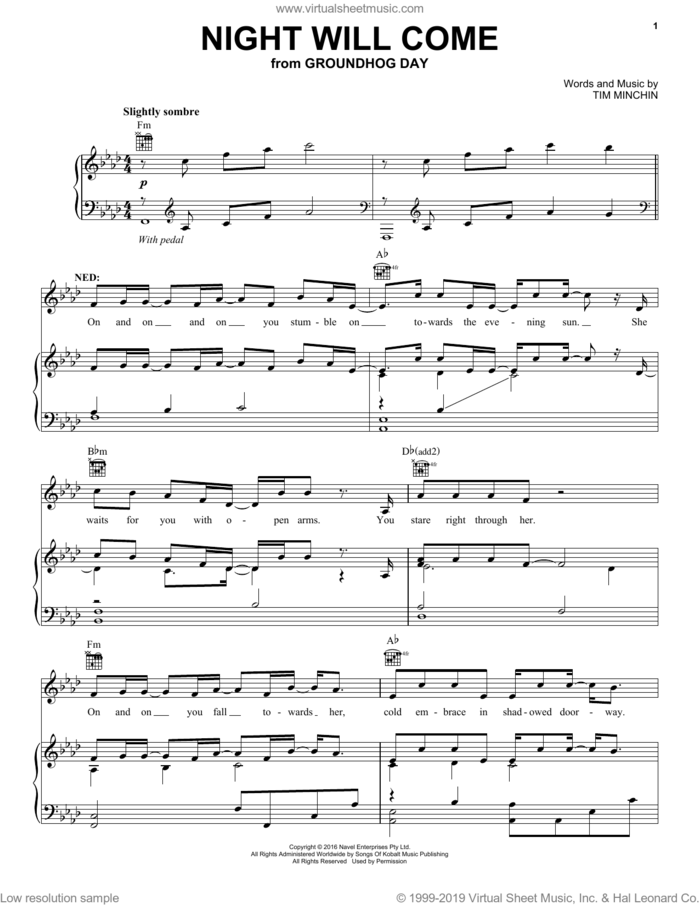 Night Will Come (from Groundhog Day The Musical) sheet music for voice, piano or guitar by Tim Minchin, intermediate skill level