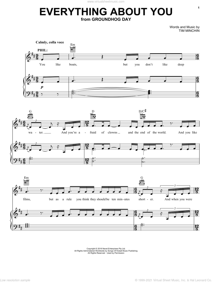 Everything About You (from Groundhog Day The Musical) sheet music for voice, piano or guitar by Tim Minchin, intermediate skill level